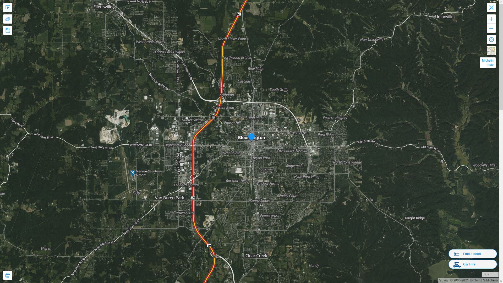 Bloomington Indiana Highway and Road Map with Satellite View